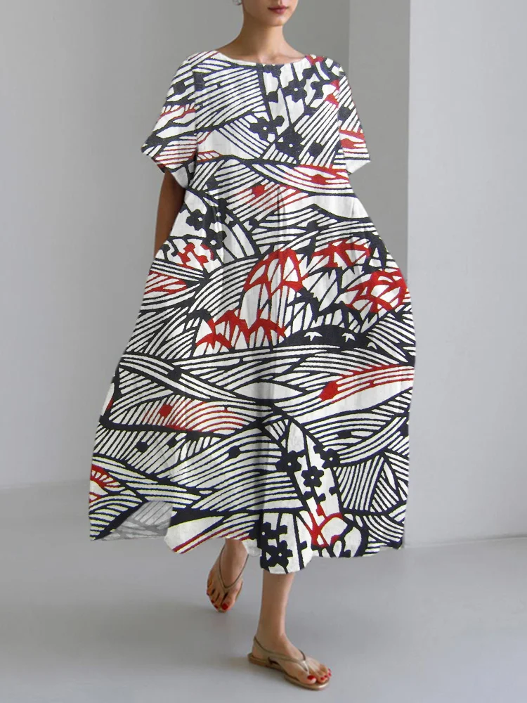 Japanese Line Flower Print Linen Blend Maxi Dress