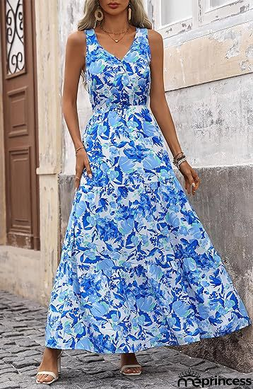 V-Neck Sleeveless Printed Maxi Dress