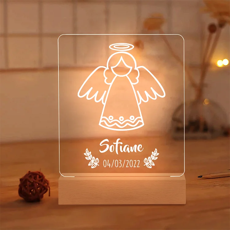 Bautizo lámpara de noche LED con 1 nombre personalizado y fecha con ángel