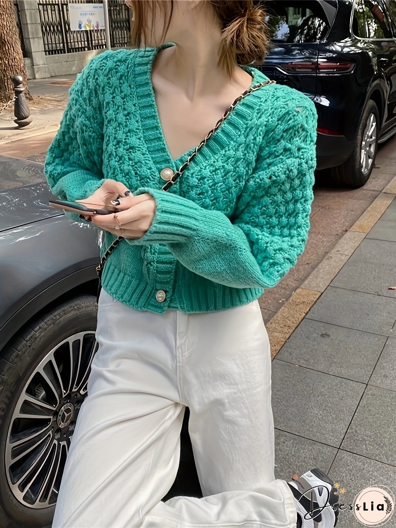 Button Front Knit Cardigan, Casual Solid V Neck Long Sleeve Sweater, Women's Clothing