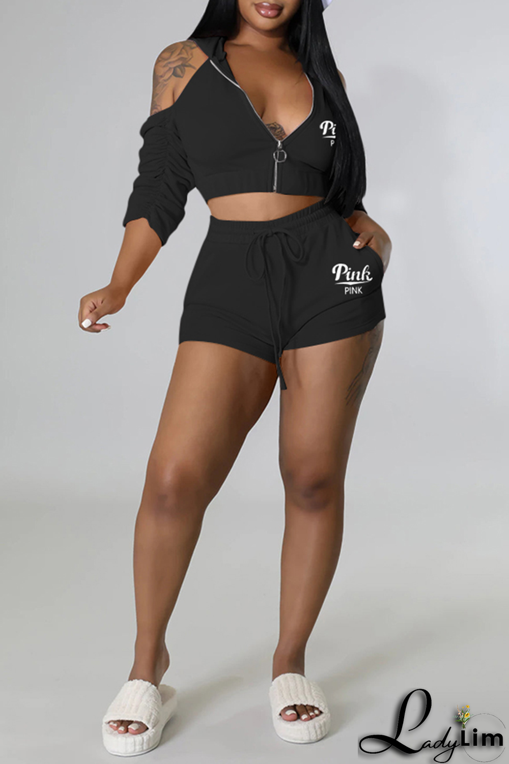 Black Sexy Print Patchwork Hooded Collar Three Quarter Two Pieces