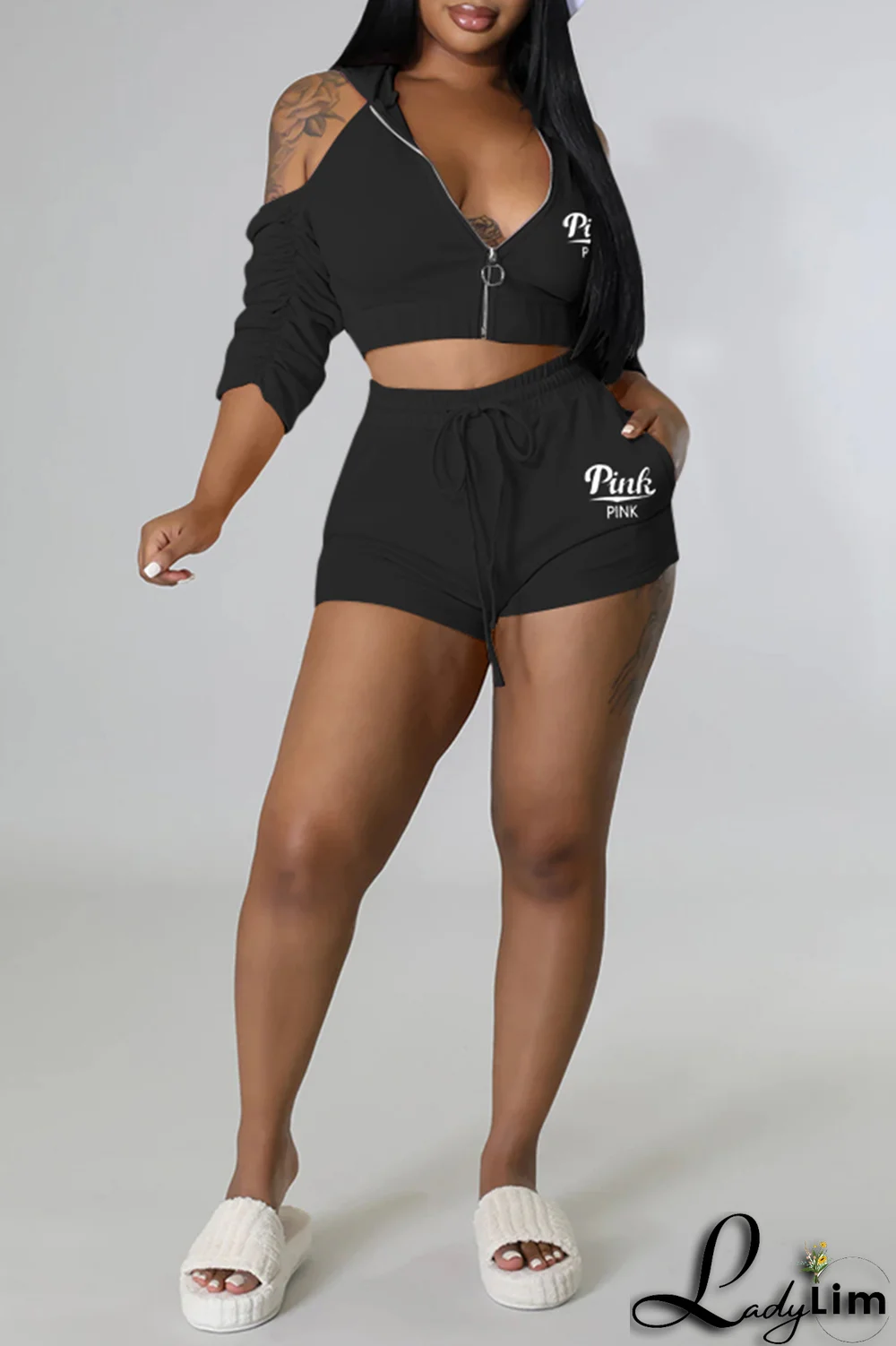 Black Sexy Print Patchwork Hooded Collar Three Quarter Two Pieces