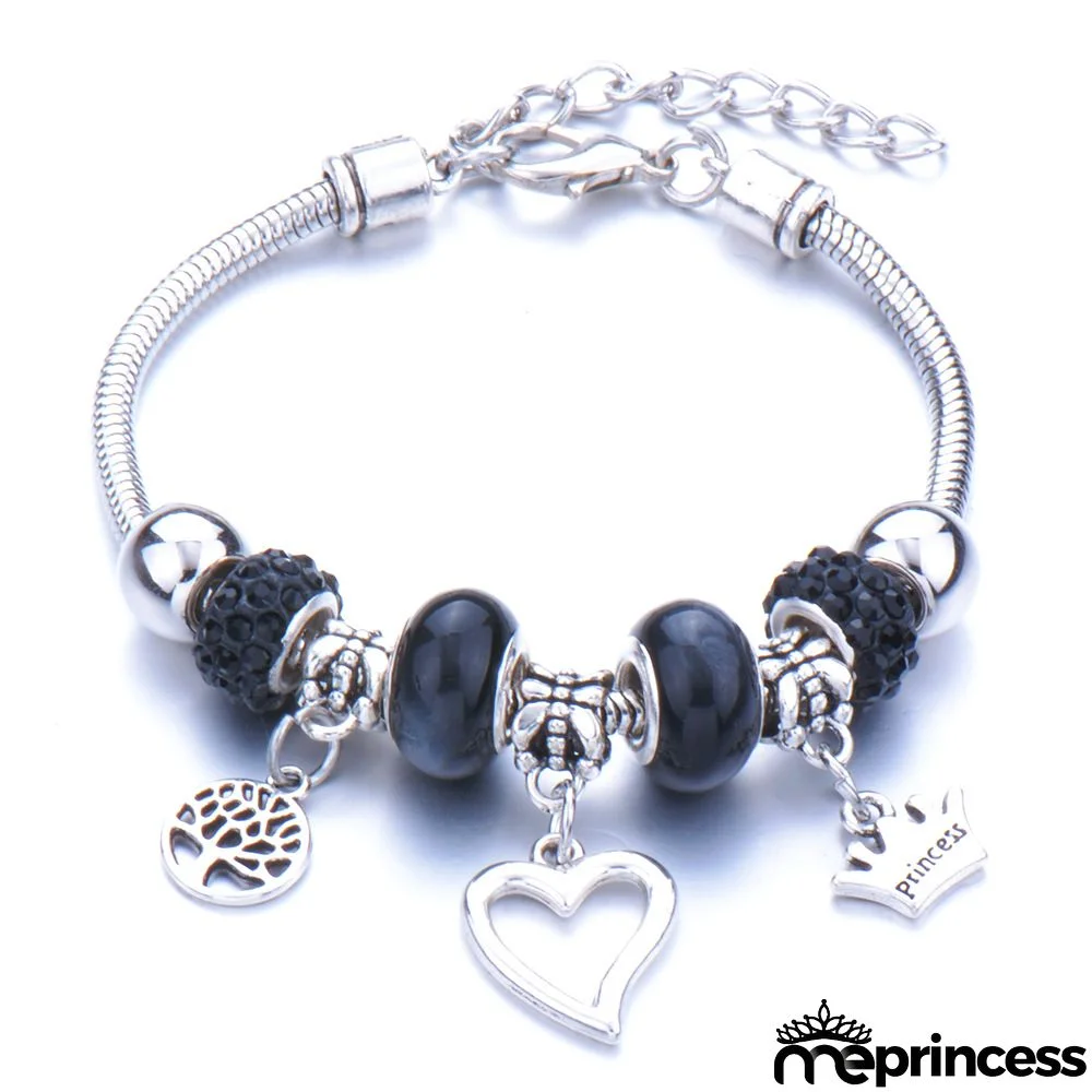 Women Fashion Rhinestone Butterfly Crown Pendant Beaded Bracelet