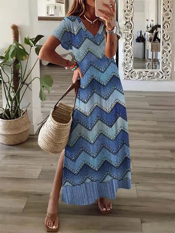 Colorblock Wave Pattern V Neck Short Sleeve Dress