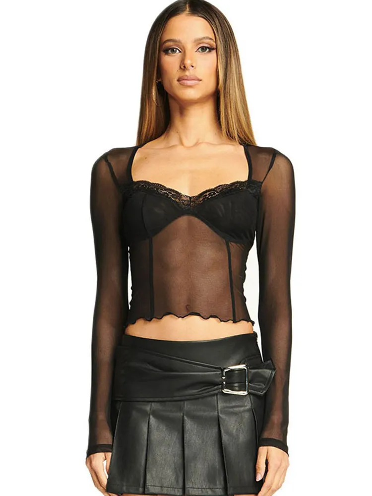 Churchf Churchf Women's Spring / Summer 2023 Sexy Mesh Wood Ear Lace Perspective Long Sleeve Top