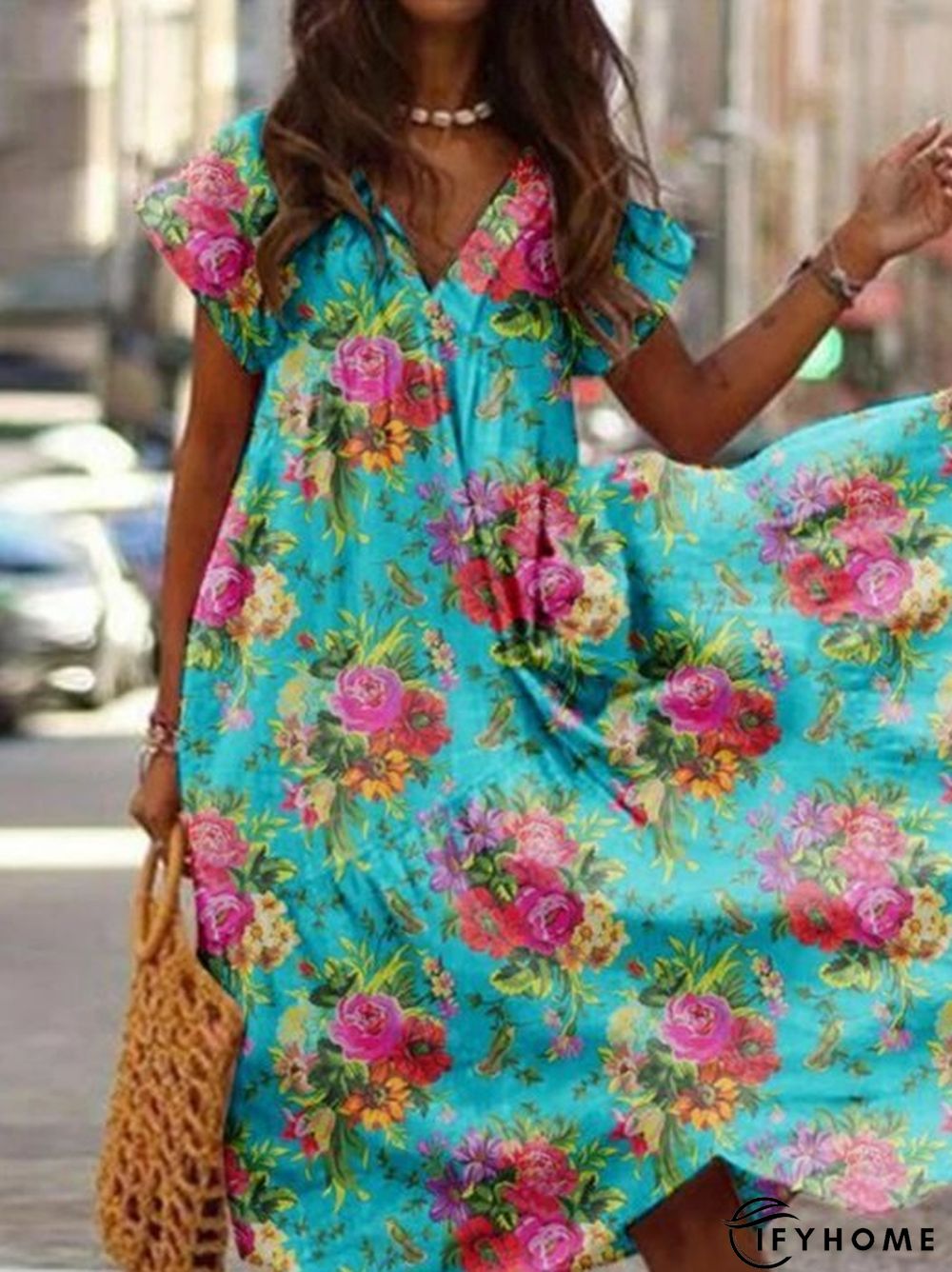 Cotton-Blend Short Sleeve V Neck Floral Weaving Dress | IFYHOME