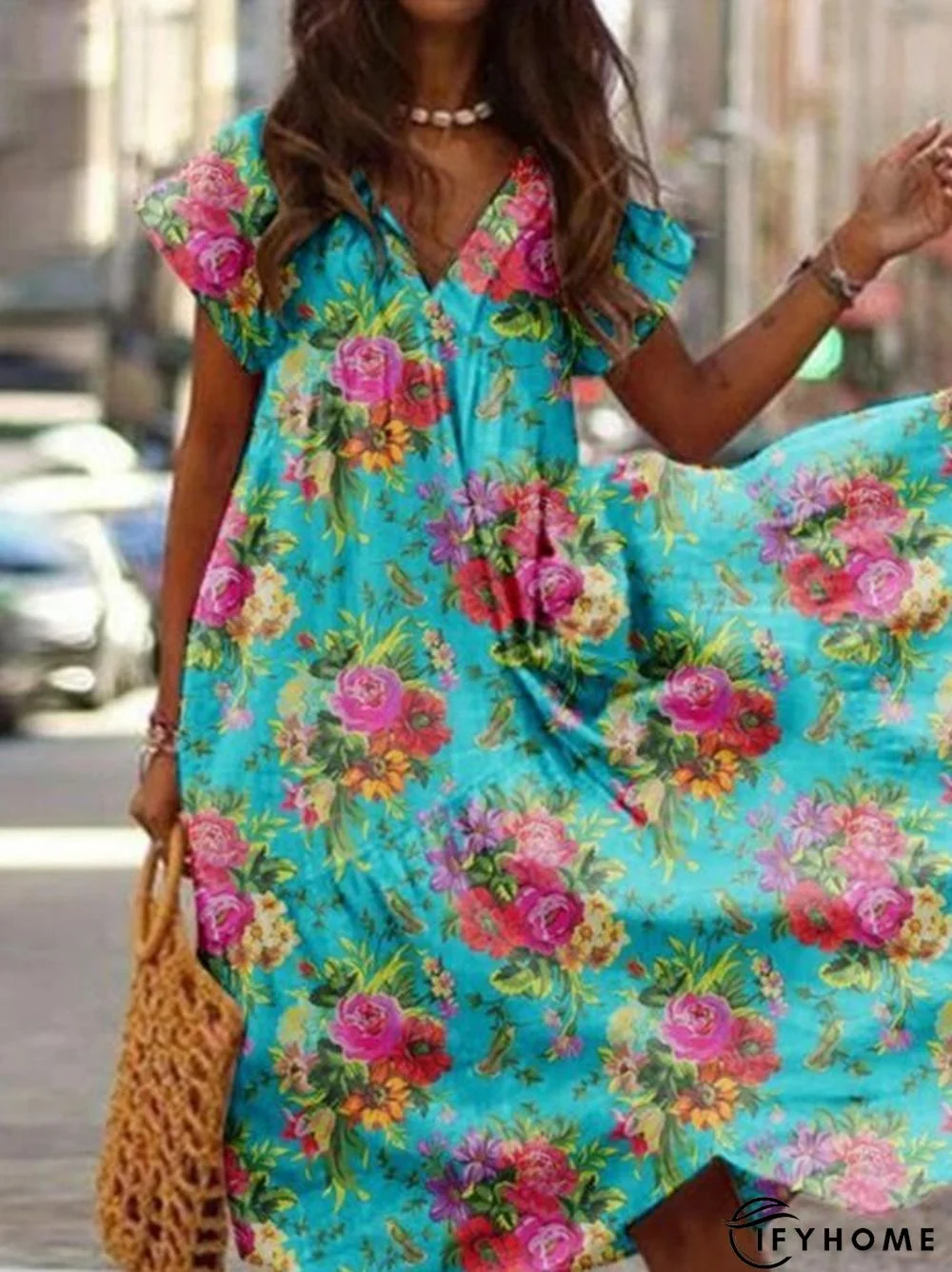 Cotton-Blend Short Sleeve V Neck Floral Weaving Dress | IFYHOME