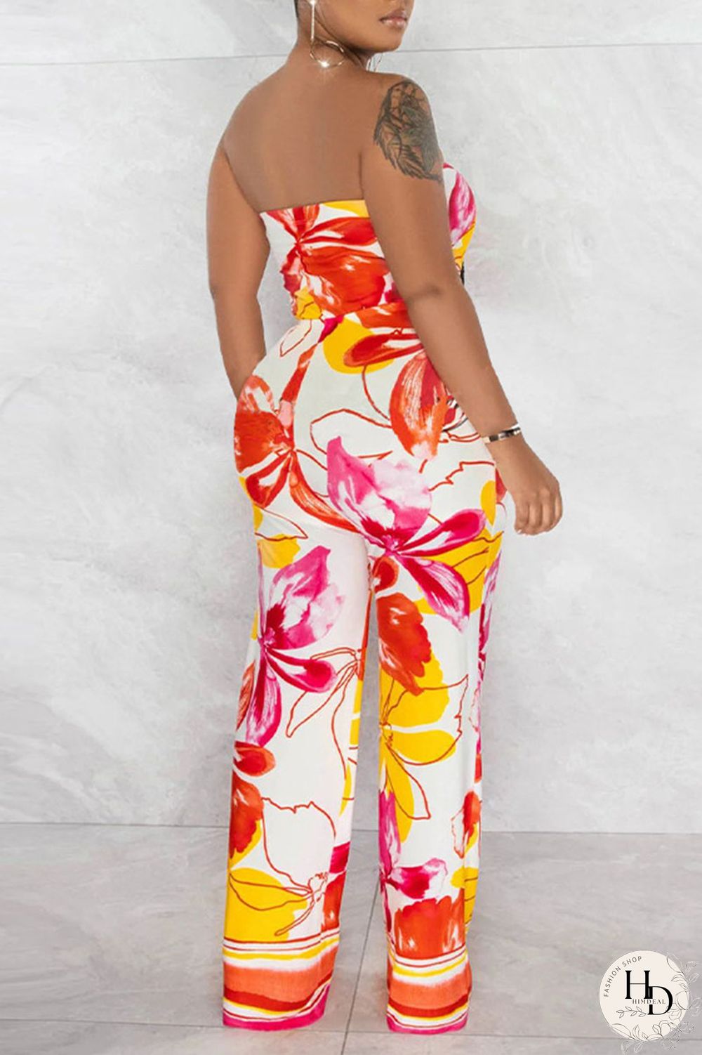 Yellow Sexy Print Patchwork Strapless Straight Jumpsuits