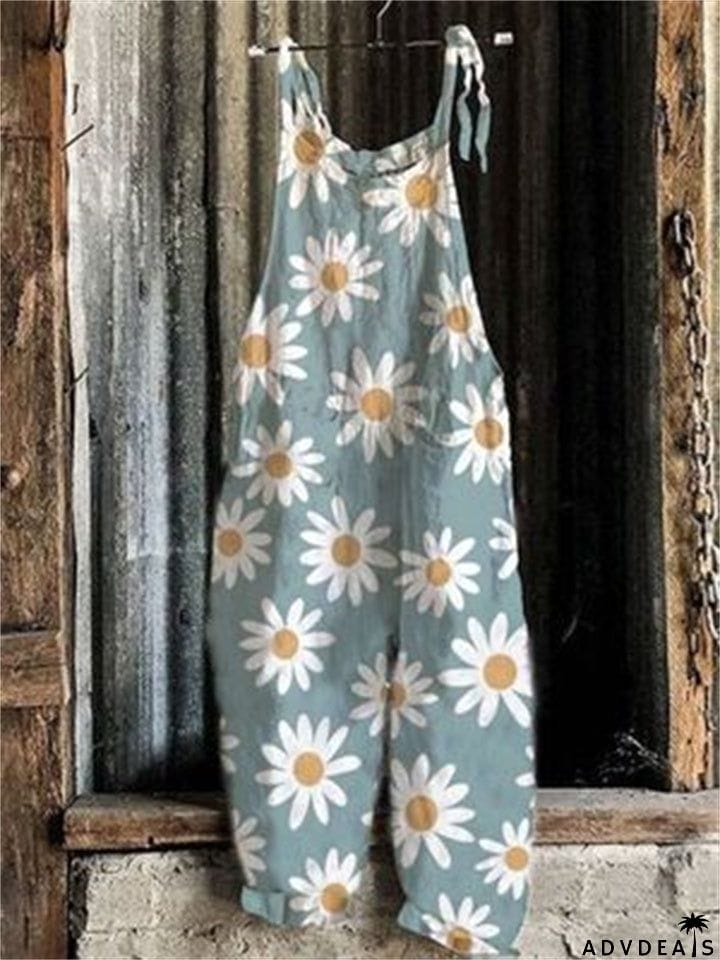 Square Neck All-Over Floral Print Sleeveless Sunflower Floral&nbsp;Overalls