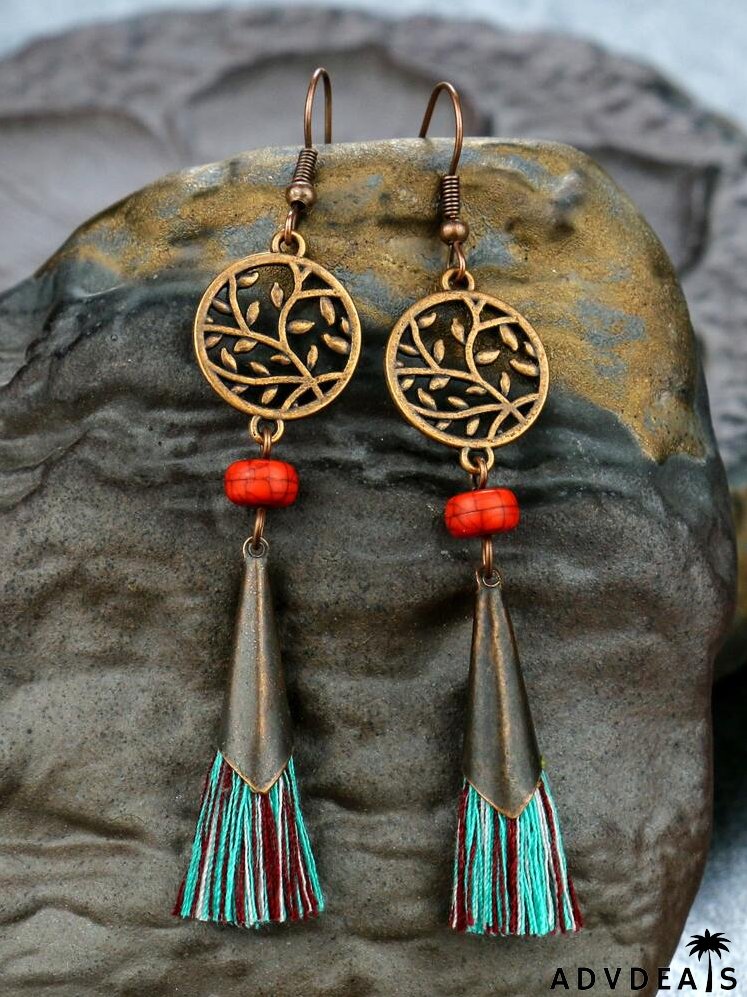 Hollow Out Round Decor Tassel Drop Earrings