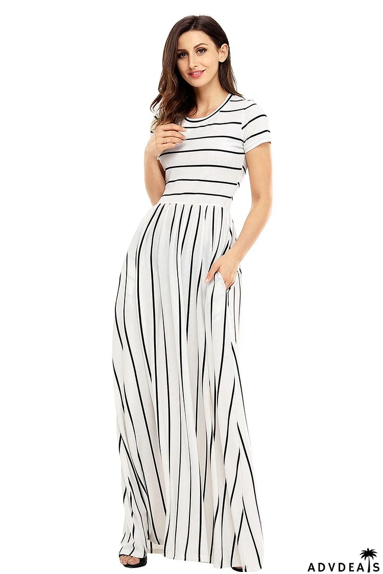 Striped Black Short Sleeve Maxi Dress