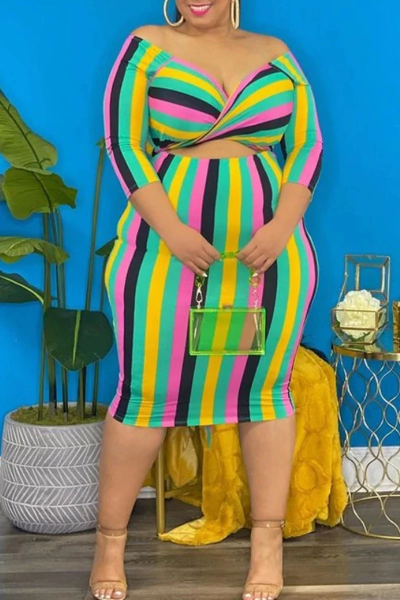Pink Fashion Sexy Striped Patchwork V Neck One Step Skirt Plus Size Dresses | EGEMISS