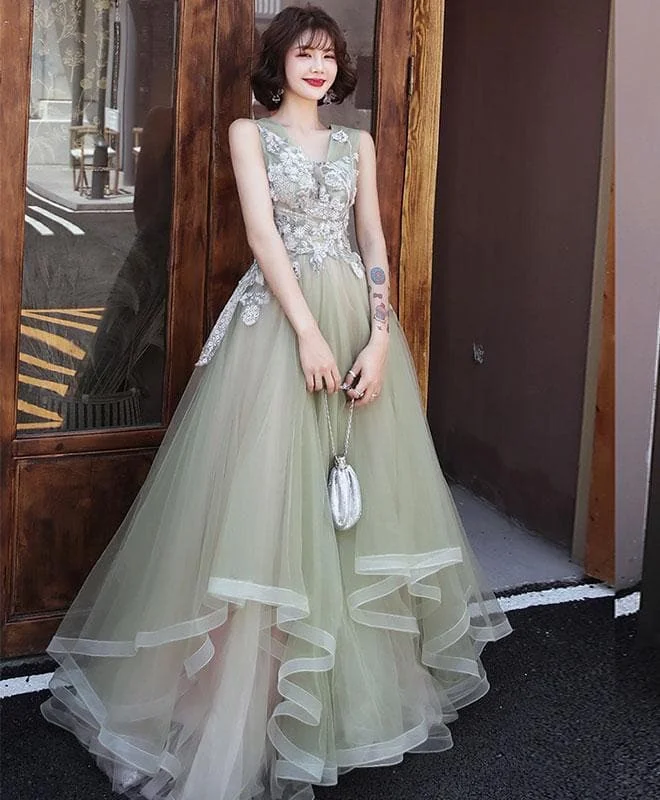 Green V Neck Tulle Lace Long Prom Dress, Green Formal Dress SP17364