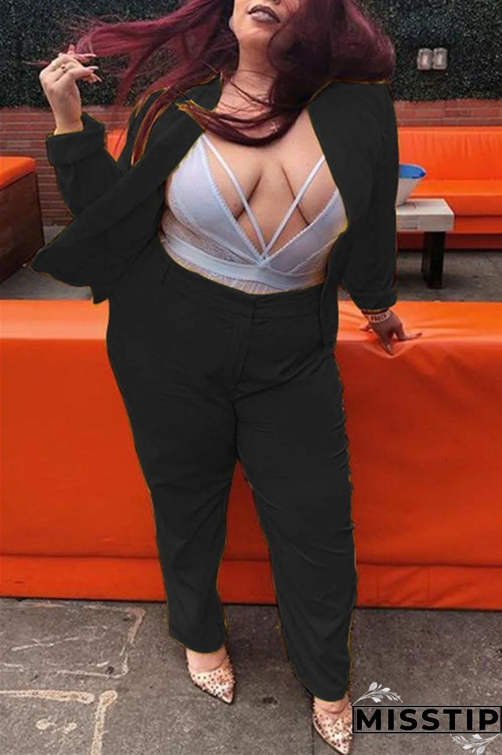 Black Fashion Casual Solid Cardigan Pants Plus Size Two Pieces