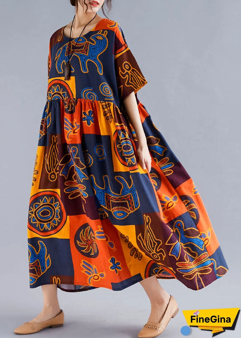 Women floral linen Robes Pakistani Wardrobes o neck Cinched Art Summer Dresses