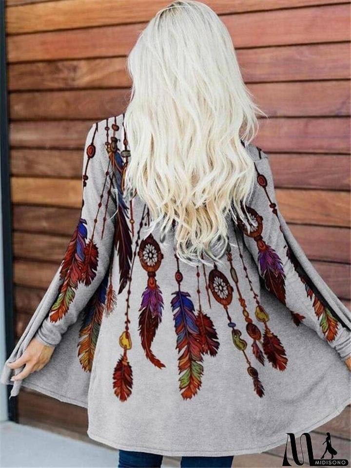 MidiSono - Casual Style Feather Floral Printed Long Sleeve Open Front Tops