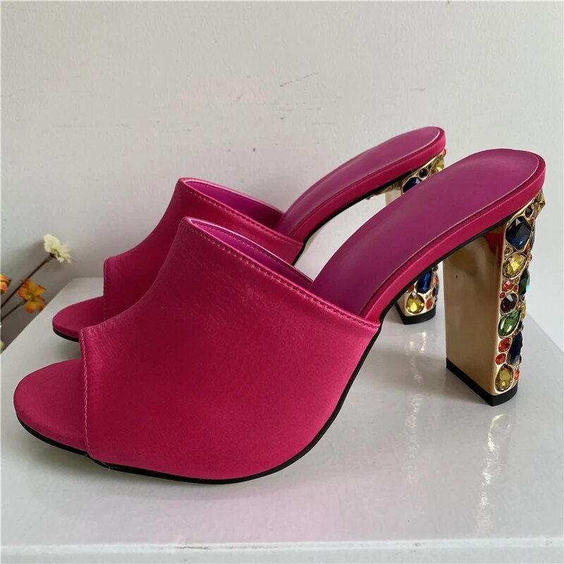 VCSHOES Rhinestone Crystal High Heel Sandals Women Satin Peep Toe Slingbacks Slim Shoes For Girls