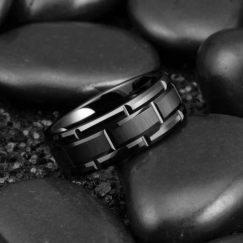 8MM Black Brick Pattern Women's Or Men's Tungsten Carbide Wedding Faceted Rings Black Brick Pattern Comfort Fit Grooved