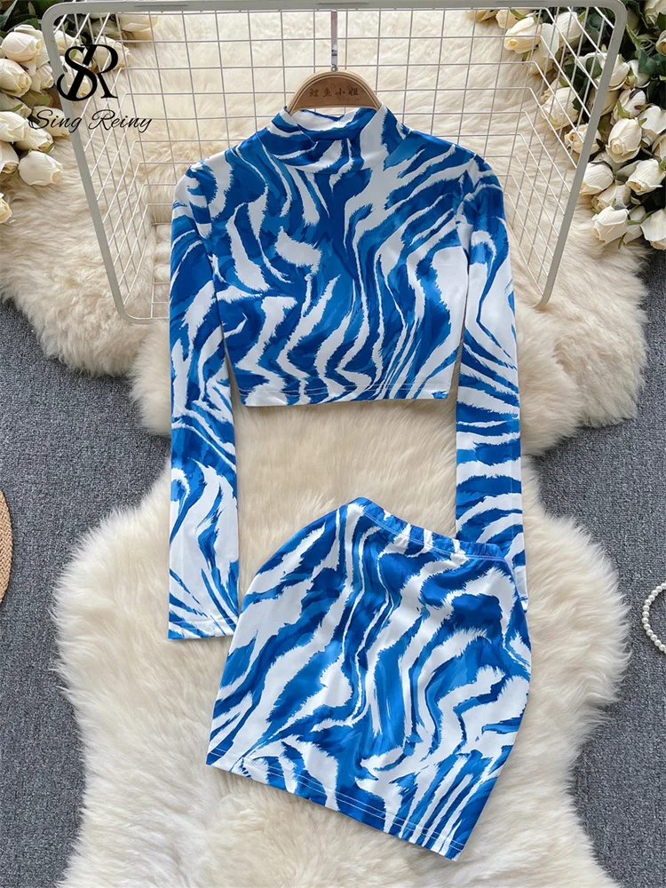 Huibahe Fashion Zebra Print Sexy Suits 2024 Stand Collar Long Sleeves Short Top+Bodycon Mini Skirt Sensual Beach Slim Sets