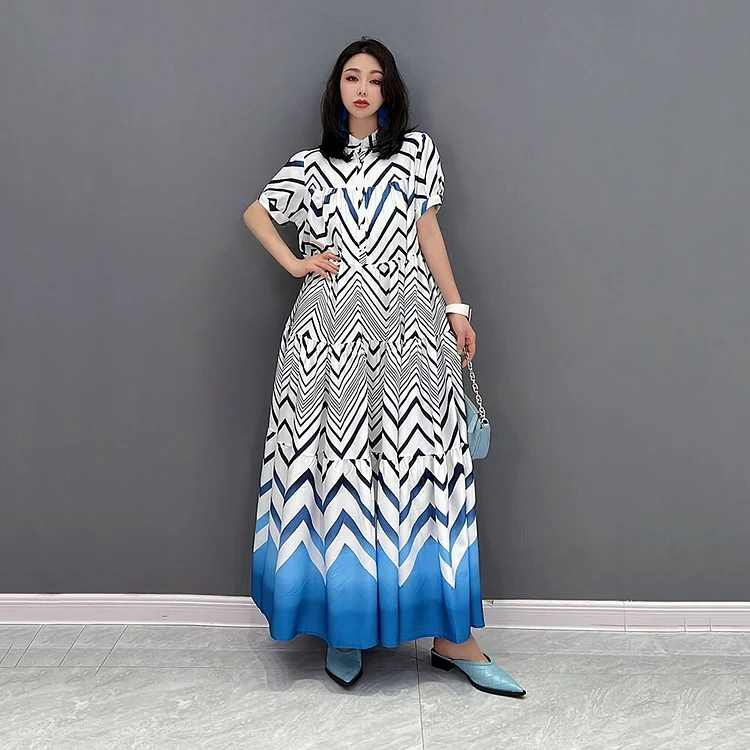 Elegant Half Stand Collar Contrast Color Arrow Print Short Sleeve Dress          