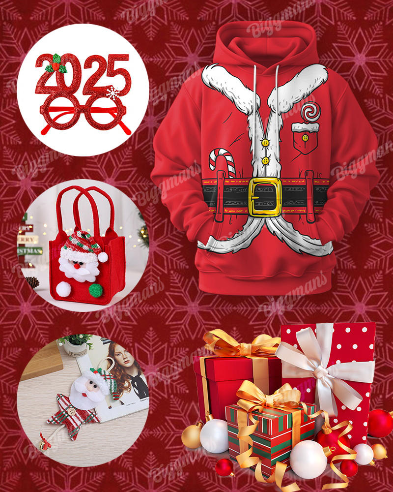 Set Package-Red Santa Claus Role Playing Hoodie & 2025 Christmas Glasses & Fabric Basket & Santa Claus Pendant