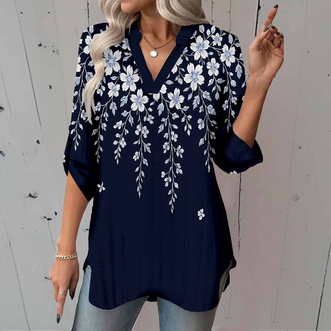 Women Floral, Black, White DZGA0138 3/4 Sleeve V-neck Printed Graphic Button Tops