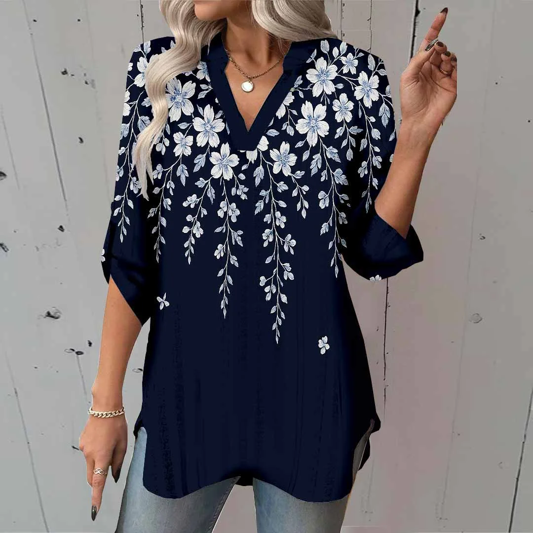 Women Floral, Black, White DZGA0138 3/4 Sleeve V-neck Printed Graphic Button Tops