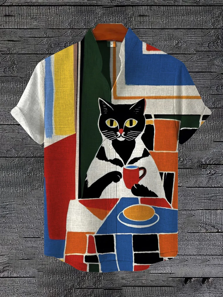 Men's Color Block Black Cat Art Print Linen Blend Shirt