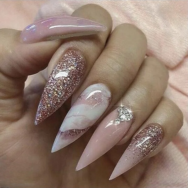Marbled Glitter Diamond Long-length Press On Nails With Nail Adhesives 24 pcs