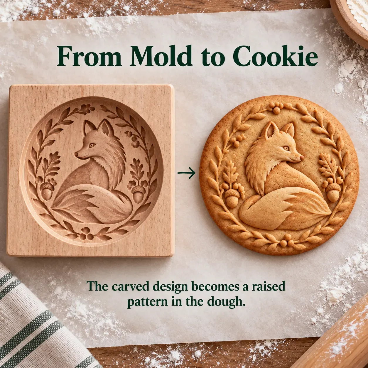 From wooden fox mold to matching embossed cookie