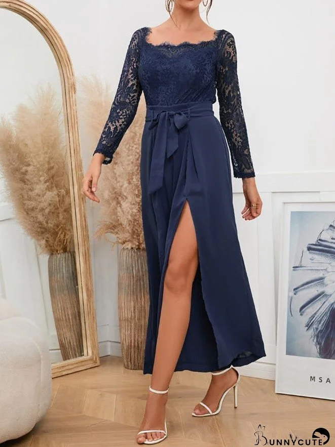 Jumpsuits Lace Square Neck Tie Double Slit Jumpsuit for Women