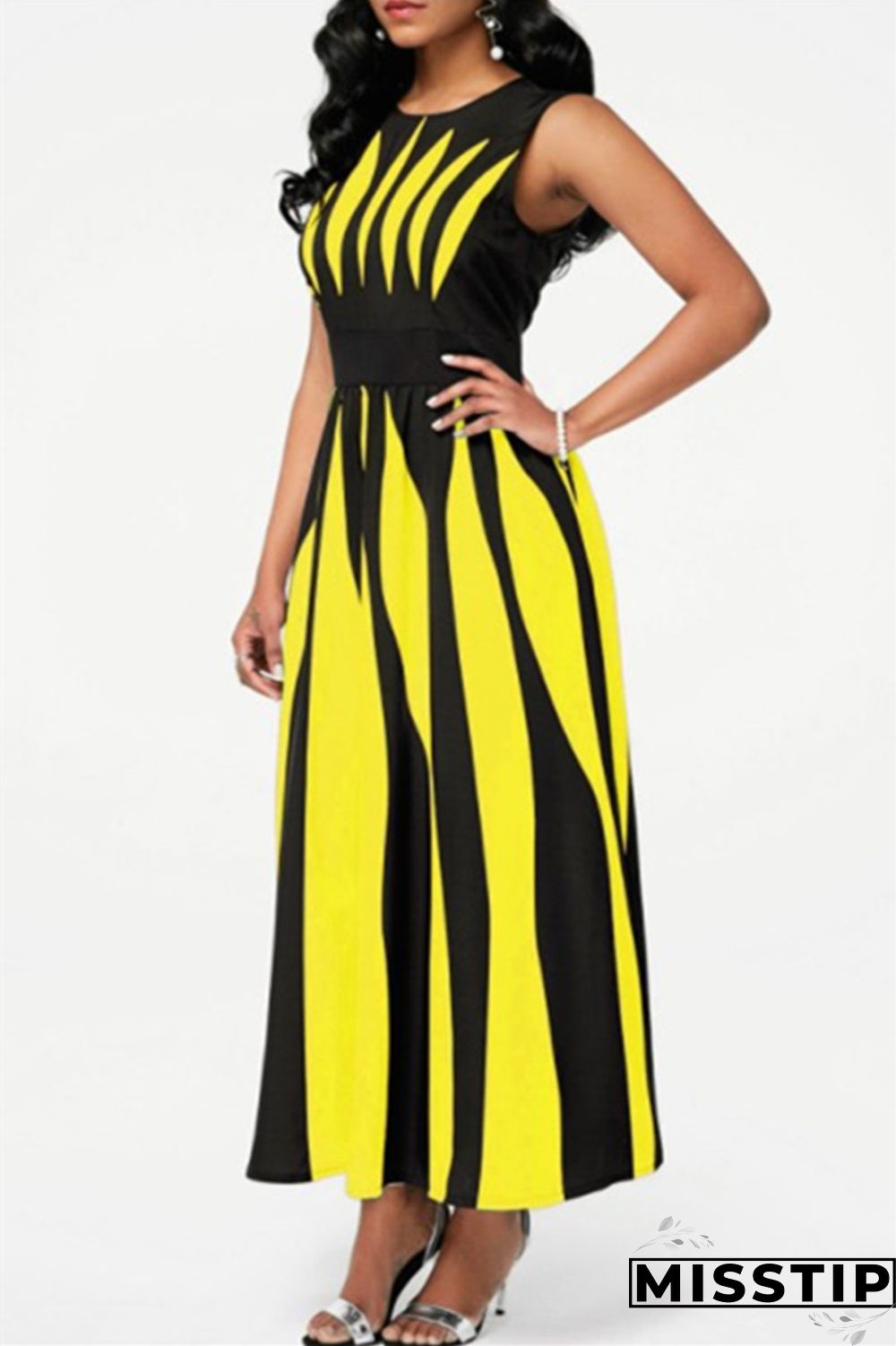 Black Purple Fashion Casual Print Patchwork O Neck Sleeveless Dress