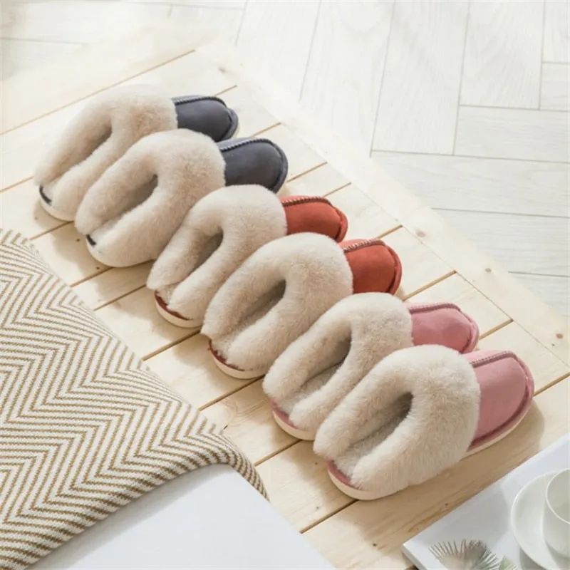 JIANBUDAN Plush warm Home flat slippers Flock soft comfortable winter slippers Men's Women's cotton shoes Indoor plush slippers
