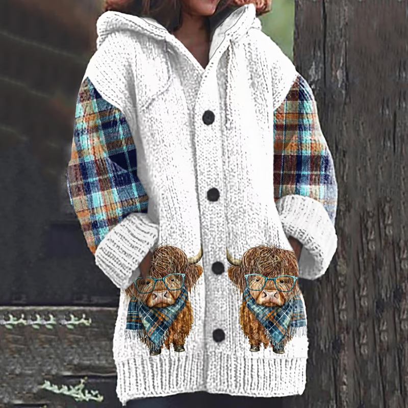 Cute Plaid Highland Cow Print Cozy Cardigan Sweater