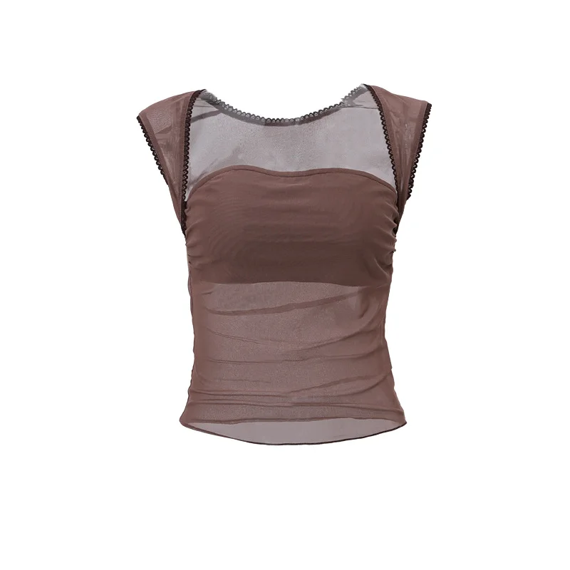 Brownm Brownm Summer New Sexy Hot Girl Pure Desire Square Get Net Gauze Perspective Short Sleeveless Vest Woman