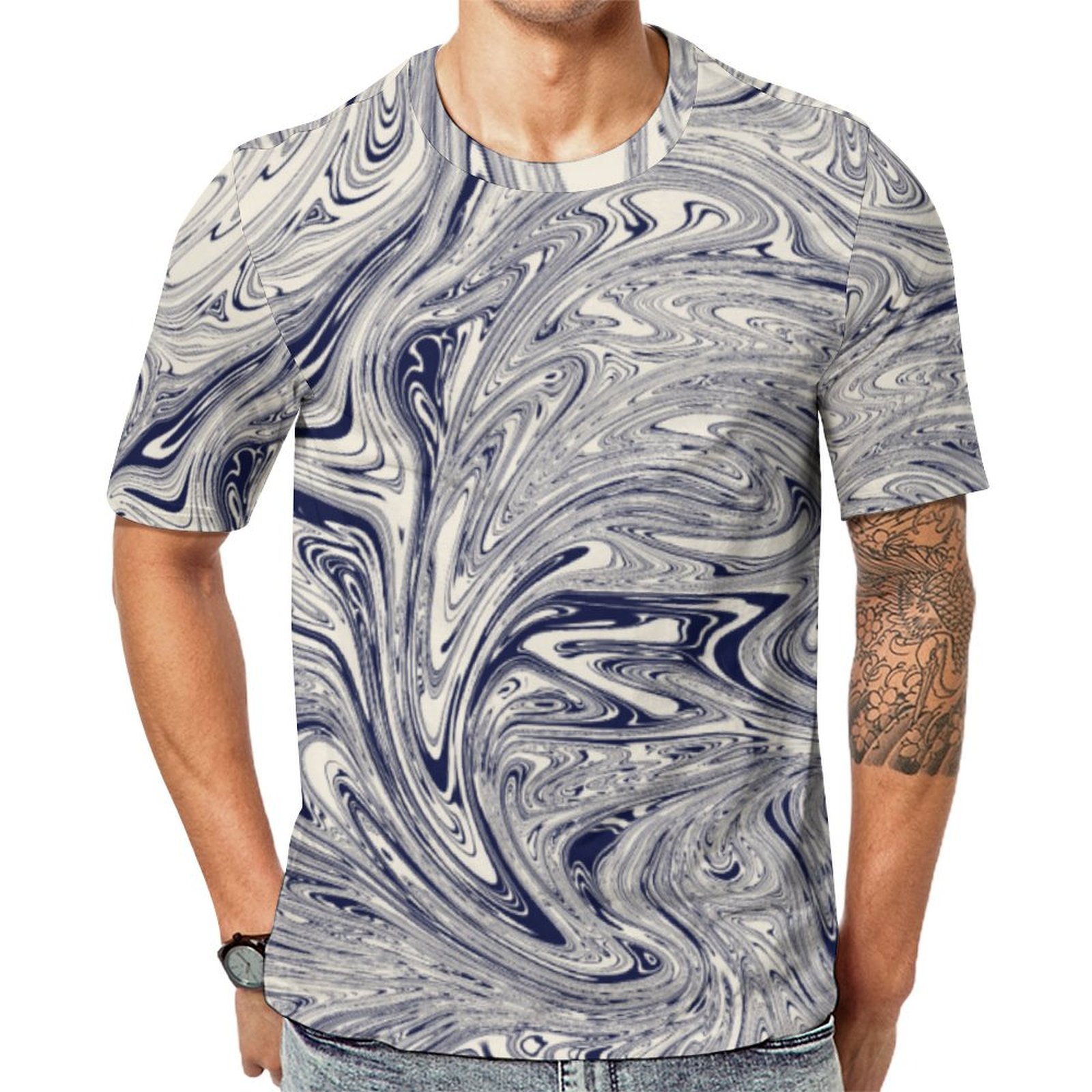 Elegant Blue And White Marble Swirl Short Sleeve Print Unisex Tshirt Summer Casual Tees for Men and Women Coolcoshirts