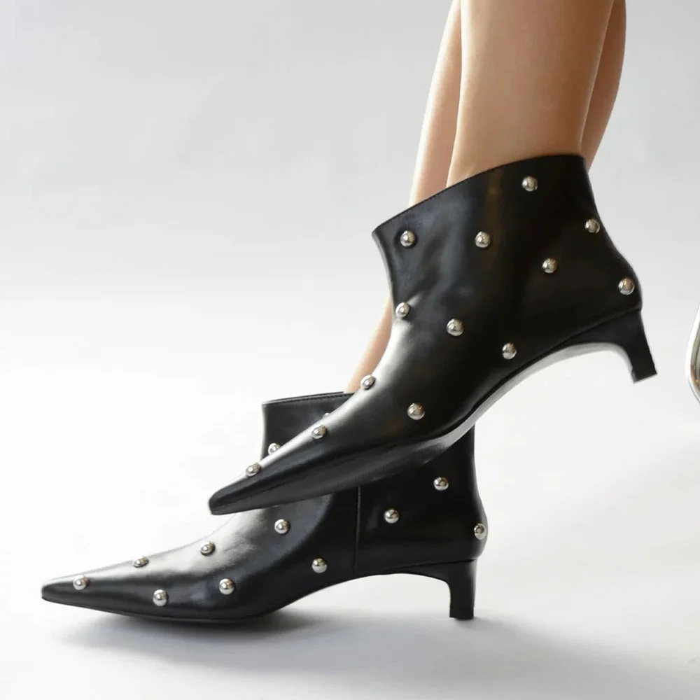 Women's Short Black Pointed Toe Studded Slip On Kitten Heel Boots