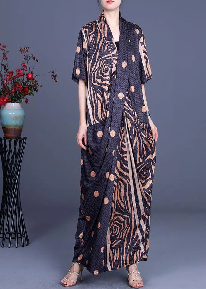 Fashion Khaki Print asymmetrical design Silk Dresses Summer