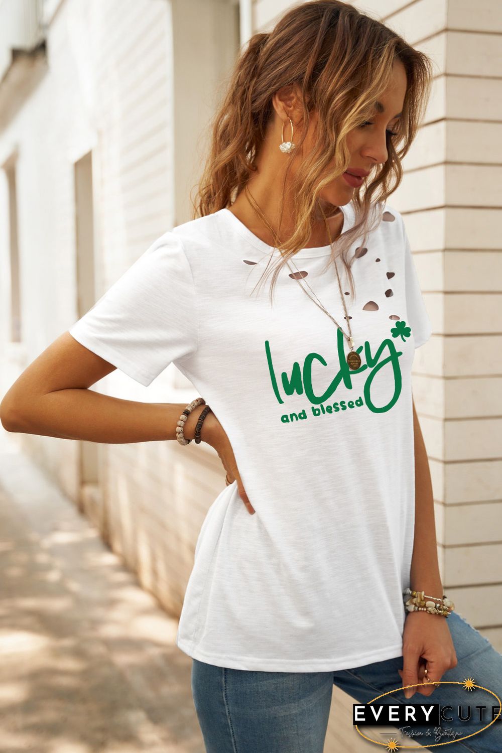White Distressed lucky and blessed Graphic Tee