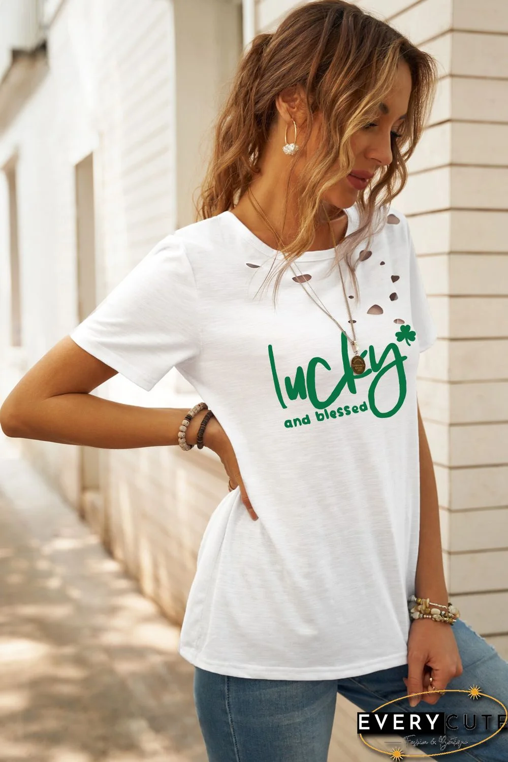 White Distressed lucky and blessed Graphic Tee