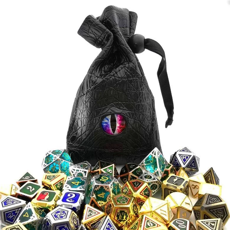 DND Dice Bag with Pockets - Large Dice Bag with Black Dragon Scales and Real Glass Dragon Eye