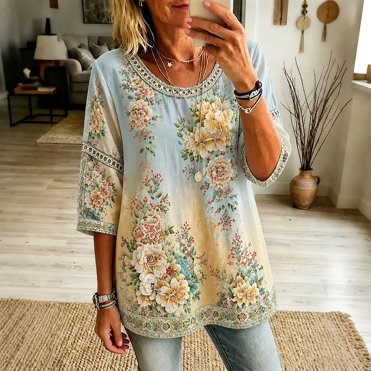 Women's Vintage Floral Art Print Crew Neck Linen Blend T-shirt