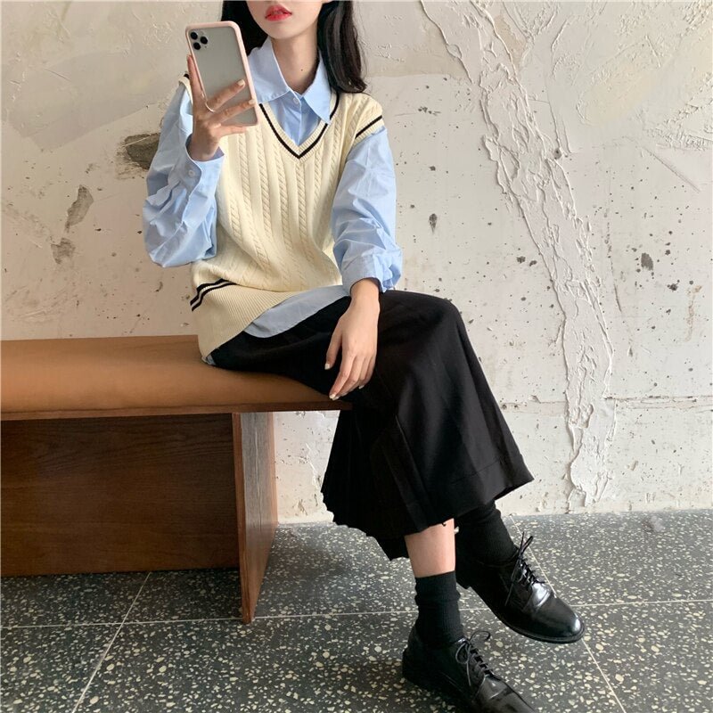 Gentle Women Sweater Vest Preppy Style Leisure V-neck Knitted Loose Ulzzang Sweet Students Trendy All Match Chic Spring New Tops