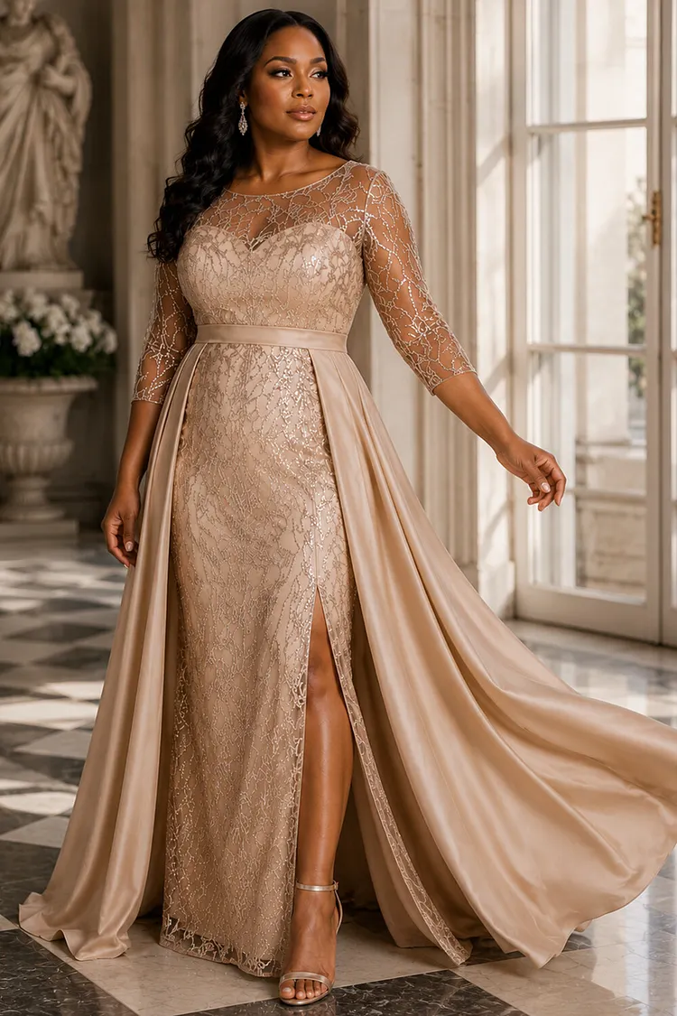 Xpluswear Design Plus Size Formal Satin Champagne Round Neck 3/4 Sleeve With&nbsp;Skirt&nbsp;Overlay&nbsp;Split Sequin Maxi Dresses [Pre-Order] 2024 - Xpluswear