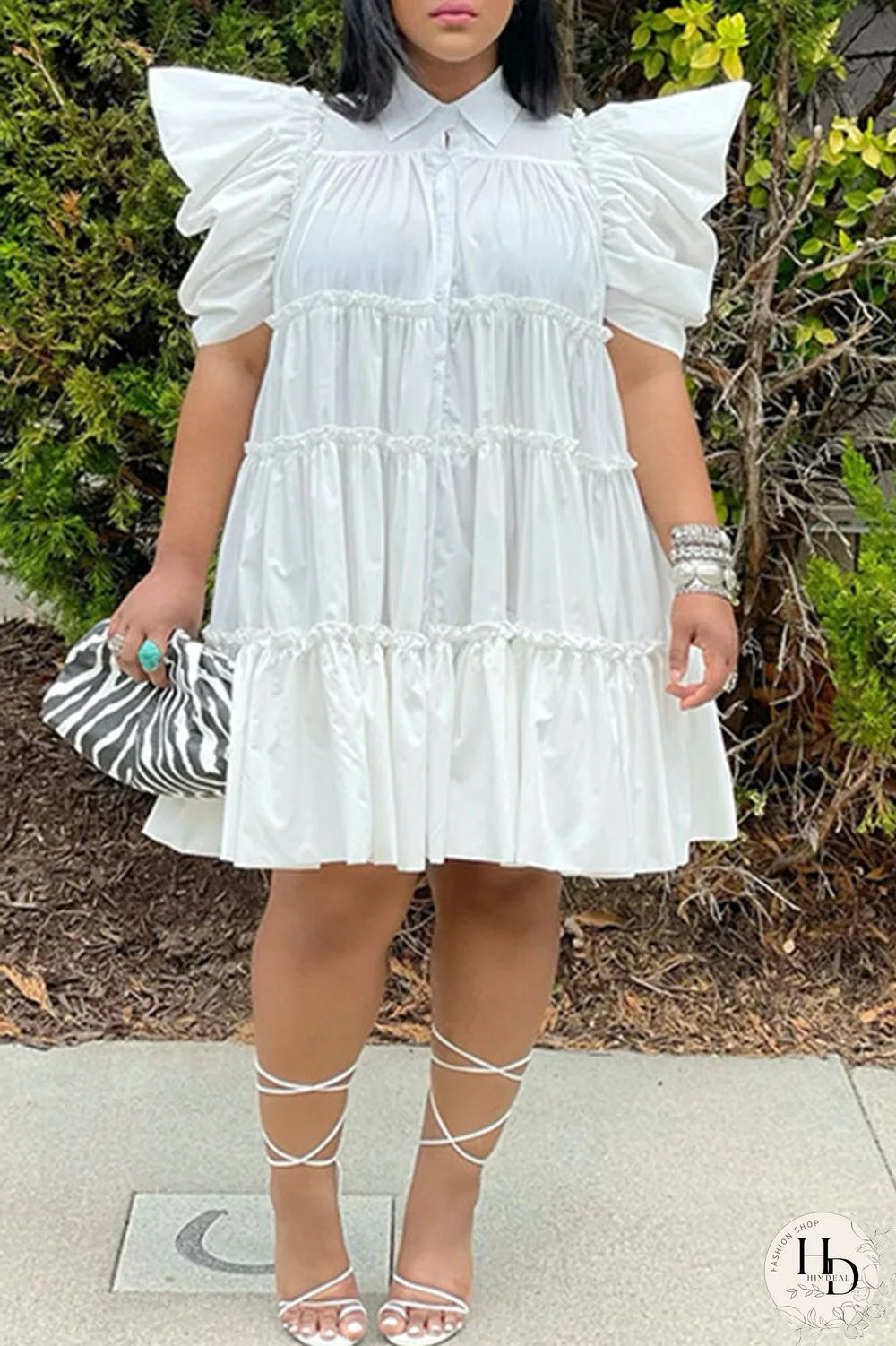 White Casual Solid Patchwork Buckle Fold Turndown Collar A Line Dresses