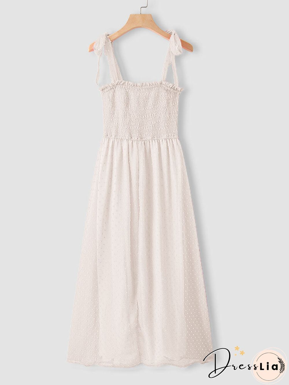 Solid Smocked Tie Strap Slit Open Back Chiffon Maxi Dress