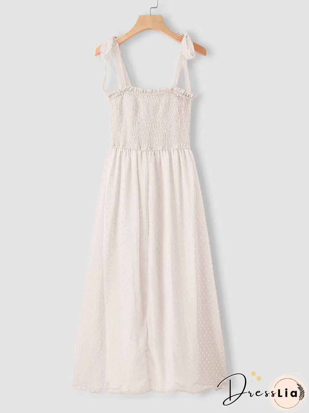 Solid Smocked Tie Strap Slit Open Back Chiffon Maxi Dress