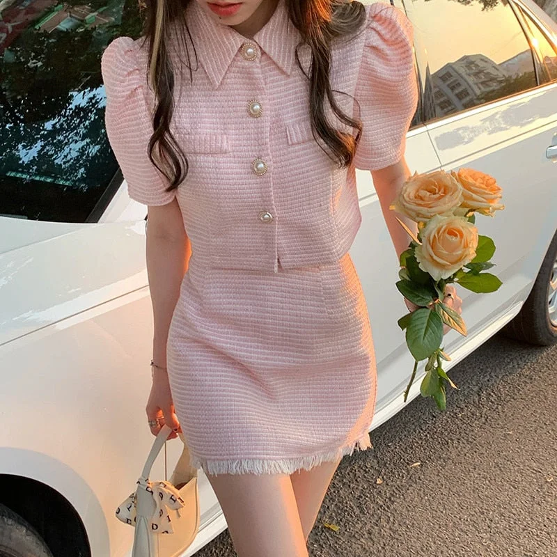 UForever21 Korean Summer Pink Two 2 Piece Set Women Skirt Short Sleeve Crop Tops And High Waist Tassle Mini Bodycon Skirt Outfits Vintage