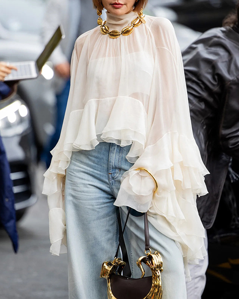 Sheer Tiered Ruffled Long Sleeve Blouses