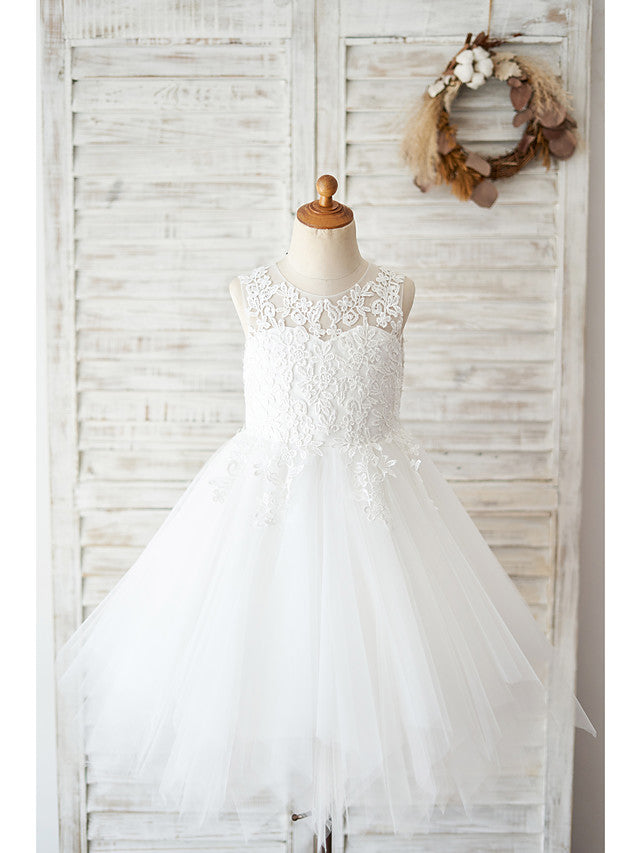 Oknass Ball Gown Sleeveless Jewel Neck Flower Girl Dresses Lace Tulle  With Lace